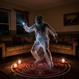 transparent horror spirit attacks in living room with summoning circle candle lights out interior photos shot on iphone, dynamic pose, full body shot, sharp focus, grainy, corpse, paranormal flashlight, deep night,,