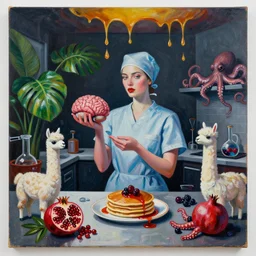 dark kitchen of an art student, seductive portrait of a female surgeon holding a brain, tropical houseplants, honey dripping from ceiling, berries dripping juice, pancakes, pomegranate, berries, alpaca sculpture, octopus, scientific glassware, neo - expressionism, surrealism, acrylic and spray paint and oilstick on canvas
