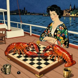 vintage illustration of two lobsters playing chess on a riverboat deck at night, 4 k post - processing highly detailed by wlop, junji murakami, mucha klimt, sharandula, hiroshi yoshida, artgerm, craig mullins