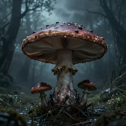 Evil mushroom demon, in a dark stormy swamp. Horror. Style of Lovecraft. 4K. Highly detailed. Concept art.