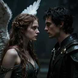 face to face with archangel, portrait of a beautiful woman and man looking to each other, high detail, partially in shadow, dark sci - fi fantasy vibe, face, by gaston bussiere, bayard wu, greg rutkowski, auguste bourotte, bastien deharme, masterpiece, sharp focus, cinematic lightning