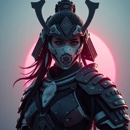 gorgeous female samurai with full warrior armor, 3 d render, futuristic biomechanical, porcelain ivory mask, hyper realistic, cinematic, octane render, 8 k, pink sun in background, vivid colors, oblivion, eternal love