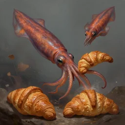 giant squid fighting croissants, fantasy, high detail, elegant, digital painting, cinematic lighting, textured skin, highly detailed, artstation, unreal engine 5, breathtaking, illustration, ilya kuvshinov, nikolay makovsky