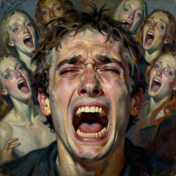 a weeping man screams in agony, closeup on face, extreme facial symmetry |, afterlife, souls in joy and agony | abstract oil painting, gouche on paper by MC Escher and Salvador Dali |