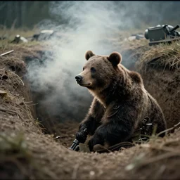 smoke behind, tilt shift wwi bear pondering over a dug out trench, dramatic light, zdzidaw, ultrafine, hyperrealistic, vintage, retro, 3 5 mm film still, movie