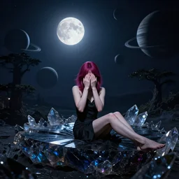 A beautiful woman with medium magenta hair covering her face basking in the moonlight on an obsidian crystal bed below planets, tall tree, cinematic lighting, dramatic atmosphere, by Dustin Nguyen, Akihiko Yoshida, Greg Tocchini, Greg Rutkowski, Cliff Chiang, 4k resolution, trending on artstation