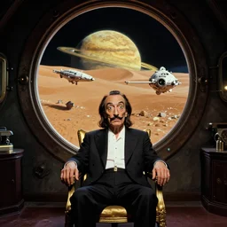 background : a huge porthole in which space, planet arrakis, and spaceships are visible | foreground : crazy magnificent salvador dali, sits on a gold chair in a dark room | from the movie by alejandro jodorowsky with the cinematography of christopher doyle and art direction by hans giger, anamorphic lens, kodachrome, 8 k