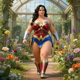 a stunning 3 d render of a thicc and voluptuous yennefer of vengerberg dressed as wonder woman with hair tied in a braid walking through a flowering garden, greenhouse in the background, intricate, elegant, highly detailed, digital painting, artstation, concept art, ultra sharp focus, octane render, volumetric lighting, art by greg rutkowski and alphonse mucha