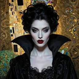 hyper detailed masterpiece vampire girl duchess by donato giancola and tom bagshaw, face by artgerm and edmund leighton, and alphonse mucha, trending on artstation, dreamlike, melancholy aesthetic, ornate, background by gustav klimt, 8 k, black gothic, majestic, volumetric lighting, porcelain skin, concept art, sharp focus