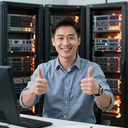 a photo of a sys admin smiling and doing a double thumb up to the camera in front of burning servers, he's happy despite having servers in flames behind him, fire in the background, the man is doing a double thumb up