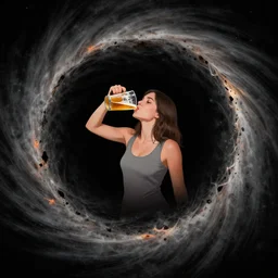 a girl drinking beer in center of supermassive black hole, digital art by greg rutkowski.