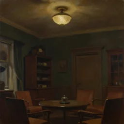 oilpainting, a view from below, dark cinematic light, furnished retro style room with a dim ceiling lamp, by john everett millais