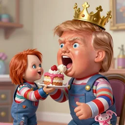 closeup profile portrait of a tin toy ivanka trump screaming as a fairytale princess chucky doll wearing a crown and eating cakes, bikini, hyper realistic, artstation, illustration, nicoletta ceccoli, mark ryden, lostfish, max fleischer, digital paint, matte paint, vivid colors, bright, cheerful, detailed and intricate environment