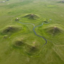 Aerial view, matte painting art of grassland landscape with small hills with river on the middle closed in hexagon shape, concept art, trending on artstation, 4k