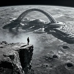 a lone figure standing on the edge of a cliff on an alien moon, arcology megastructure stretch across the surface of the moon, cinematic, imax, christopher nolan