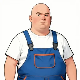 overweight bald english plumber in overalls looking judgmentally into the camera, colour drawing, full frame, in style of graphic novel