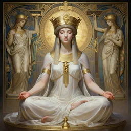 a full body portrait of a beautiful ethereal delicate sumerian mage queen meditative sacral pose catholic stages of the cross, intricate, elegant, highly detailed, digital painting, artstation, concept art, smooth, sharp focus, illustration, art by krenz cushart and artem demura and alphonse mucha