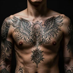 tattoos are intricate and elegant and ornate. dark, dramatic lighting