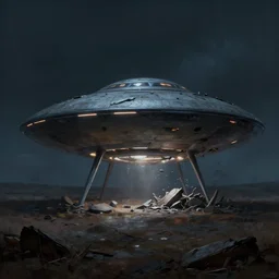 crashed ufo in to the ground, concept art, art station landscape, greg rutkowski, cinematic lighting hyper realistic painting, dark atmosphere