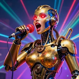 portrait photo of a giant huge golden and blue metal humanoid steampunk cyborg female with a human face singing with mouth open and gears and tubes, in the foreground is a big red glowing microphone, eyes are glowing red lightbulbs, shiny crisp finish, 3 d render, 8 k, insaneley detailed, fluorescent colors, background is multicolored lasershow