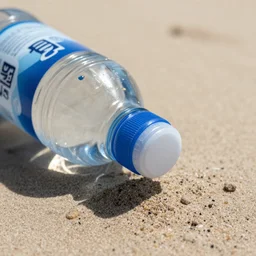 a closeup of a water bottle on the sand,cinematic,realistic,hyperdetailed,ultradetail