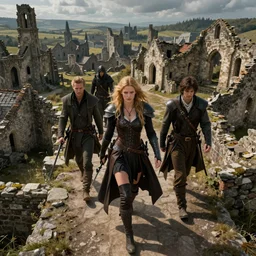 a badass warrior and a rogue and a hunter walking through the eldritch ruins of a medieval town, aerial view, photorealistic movie still by michael komarck, greg rutkowski, victo ngai, artgerm, willem claesz heda and j. dickenson