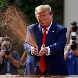 donald j. trump spraying brown from his hands, chocolatey spray landing on liberals