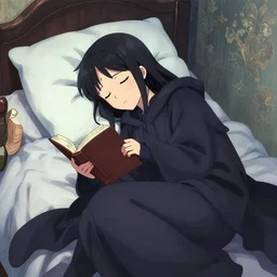 cell shaded, anime cute girl sleeping as the grimm reaper sits next to her reading a book, wlop, ilya kuvshinov, artgerm, krenz cushart, greg rutkowski, hiroaki samura, range murata, james jean, katsuhiro otomo, erik jones