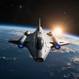 still of a sleek triangular, symmetrical spaceship with blue engine thrusters, orbiting a planet with the sun cresting on the horizon. detailed starry background, star citizen game render, 8 k, unreal engine, nvidia 3 0 8 0 graphics