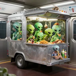 hyperrealistic subway garbage car full of different aliens eating old food, deep displacement, back light, reflections, raytracing, raymarching, subsurface scattering, textures by bernie wrightson, render by lucasfilm