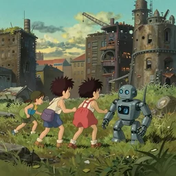 a wholesome animation key shot of a post apocalyptic 8 0's urban deserted lanscape with 3 kids playing with a broken robot by studio ghibli, animation, sharp, rendered in unreal engine 5, focused, anime key art by greg rutkowski, bloom, dramatic lighting