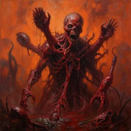 painting of hyper detailed nightmarish raining plague which frighten me, necrotized, chugged by helicoprion eviserated spewtum groupings, red 2 color scheme tools, surrounding with orange warble sky, epic fine art painting, cinematic, in style of geof darrow, wayne d barlowe