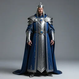 concept art, full body portrait of king sorcerers, ornate, Blue and silver, armor, robes, Hyperrealistic, 4K, Unreal Engine, Highly Detailed, Dramatic Lighting, Beautiful