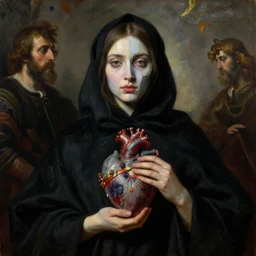 Oil painting of beautiful woman with segmented pale face in black cloth which holds surreal ornate heart in her hands, the long shot, dramatic lighting, high-detailed oil painting by Ilya Repin, Michelangelo da Caravaggio, William Blake, Alex Grey and Beksinski, masterpiece, 4k