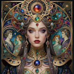 detailed realistic beautiful young groovypunk queen of andro galaxy in full regal attire. face portrait. art nouveau, symbolist, visionary, baroque, giant fractal details. horizontal symmetry by zdzisław beksinski, iris van herpen, raymond swanland and alphonse mucha. highly detailed, hyper - real, beautiful