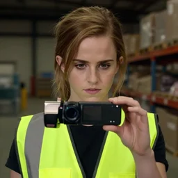 photo, close up, emma watson in a hi vis vest, in warehouse, android cameraphone, dim lighting, 2 6 mm,