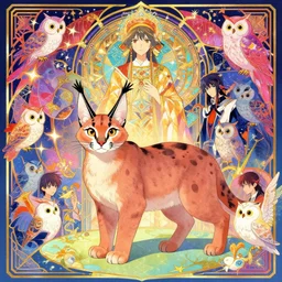 the cat caracal, colorful, ritual, omoide emanon, tsuruta kenji, murata range, pixiv, vibrant, magical fantasy, karolis strautniekas, james jean, yanjun cheng, art deco, art nouveau, digital art, enchanted, owls, kyoto animation