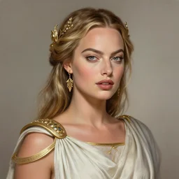 Margot Robbie as a Roman Goddess, cute, fantasy, intricate, elegant, highly detailed, digital painting, 4k, HDR, concept art, smooth, sharp focus, illustration, art by Sandra Chevrier