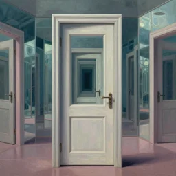 hyperrealistic surrealism, david friedrich, award winning masterpiece with incredible details, zhang kechun, a surreal vaporwave painting of door leading to nowhere, mirrors everywhere, highly detailed