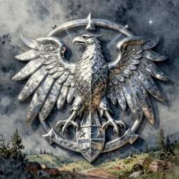medieval coat of arms in eagle symbol, pinterest, artstation trending, behance, watercolor, by coby whitmore, silver, laser light,