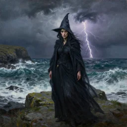 a witch in the orkney islands, surrounded by the rough stormy sea with thunder and lighting, oil painting, very detailed, hyperrealistic, peter doig, very detailed
