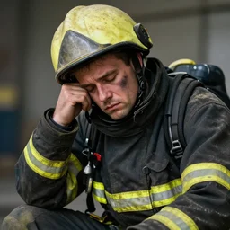 tired firefighter with dust on his face, realistic, 8 k, extremely detailed, cgi, trending on artstation, hyper - realistic render, by greg rutkowski