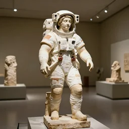 ancient greek astronaut statue in an archeology museum, hd, 4 k