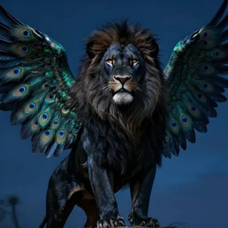 black lion king with peacock wings, night sky, by aaron blaise, by james gurney, by michael whelan, epic, fantasy illustration, intricate, hyper detailed, concept art, smooth, sharp focus, vibrant, photo realistic, digital painting