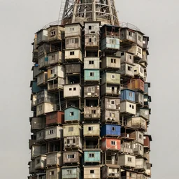 close - up view of a large tower, made up of suspended makeshift squatter shacks, faded colours, neutral sky, dystopia, canon 5 d markiii, very detailed, ultra sharp, photographed by ansel adams