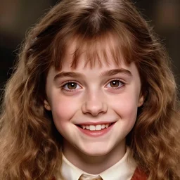 close up portrait of 1 5 - year - old girl, smile with large front teeth, hermione granger, very bushy brown hair, and very bright brown eyes, wearing white shirt, hyper realistic face, beautiful eyes, character art, art by mark brooks, hyperdetailed, cryengine, trending on artstation, digital art