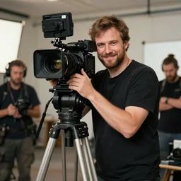 portrait of a very big camera man, artwork by gaston bussiere, craig mullins, trending on artstation, at a filming set