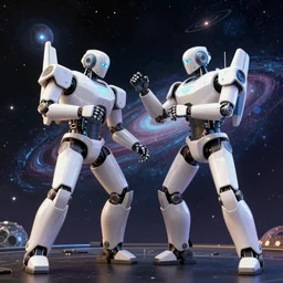 two robot fighting in the cosmic universe