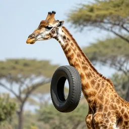 giraffe with a tire around its neck