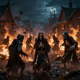 dangerous skeletons wearing hoodies robes attacking people and a village in flames at night, dnd, dramatic, fantasy art